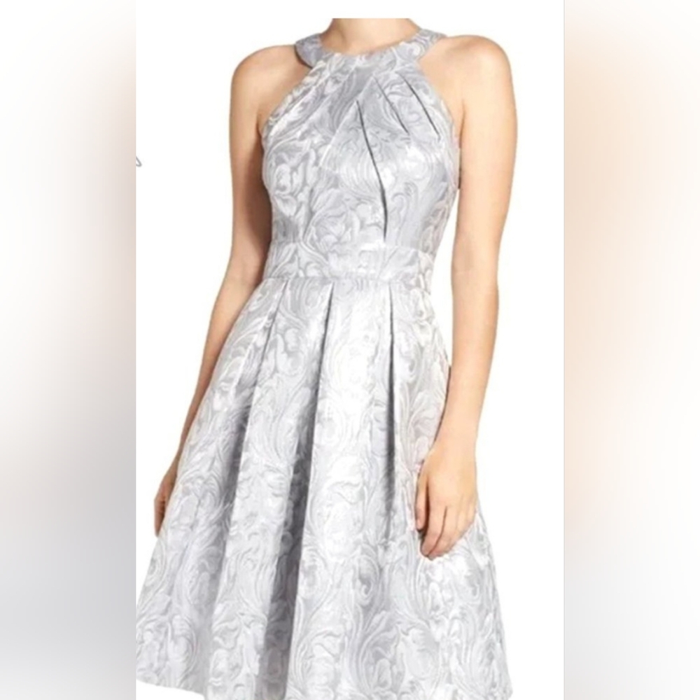 ELIZA J Metallic Jacquard Halter Top Fit and Flare Dress